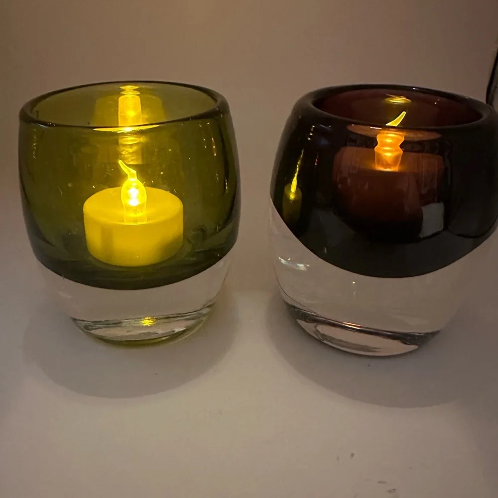Set of Two Glass Candle Holders - Green and Dark Red